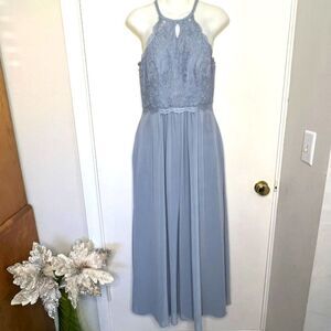 AZAZIE DUSTY BLUE LACE & CHIFFON FORMAL KEYHOLE HALTER TOP BRIDESMAID MOB MOG